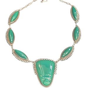 Vintage sterling silver 925 Green ONYX Aztec Mayan Necklace Mexico ACE Hallmark